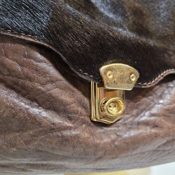 Aleanto Collezioni Italy Brown Leather Large 10x15 Boho Travel Tote Fur Flap - Picture 2 of 10